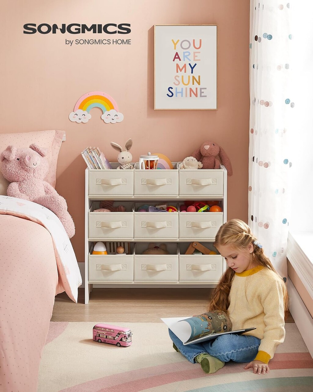 Organizator jucarii / mobilier camera copilului, Songmics, 9 compartimente, 62.5x29.5x60 cm, PAL, alb cloud - imagine 7